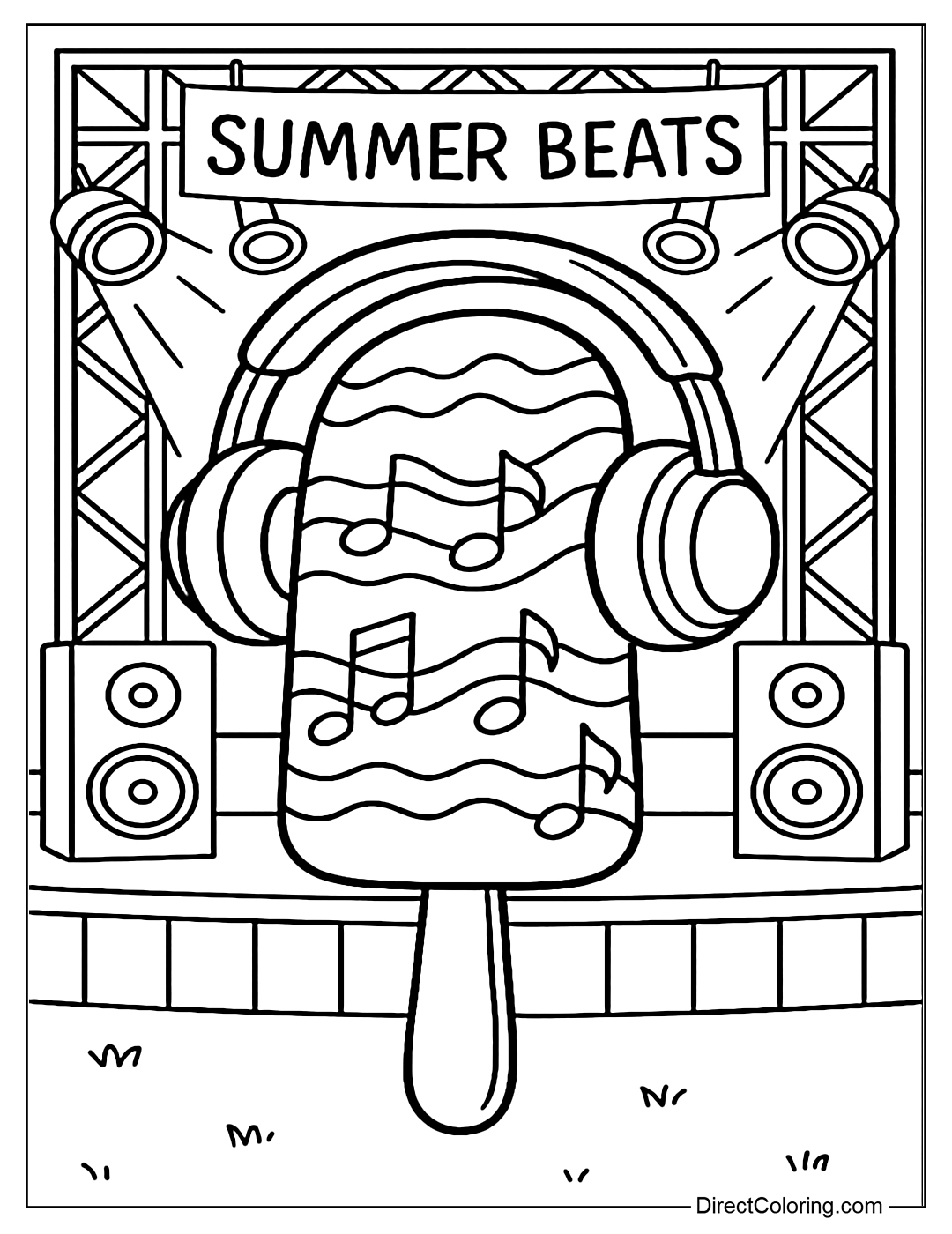 Popsicle coloring page with headphones, music waves and notes along the popsicle.